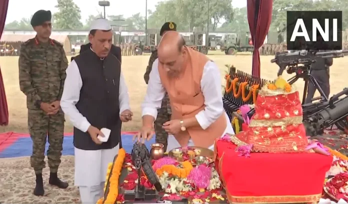 On Vijayadashami, Defense Minister Rajnath Singh performed Shastra Puja, also applied tilak on the forehead of the soldiers.
