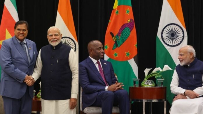 PM Modi met Suriname President Chan Santokhi and Dominica Prime Minister Roosevelt in Guyana, did a spiritual post
